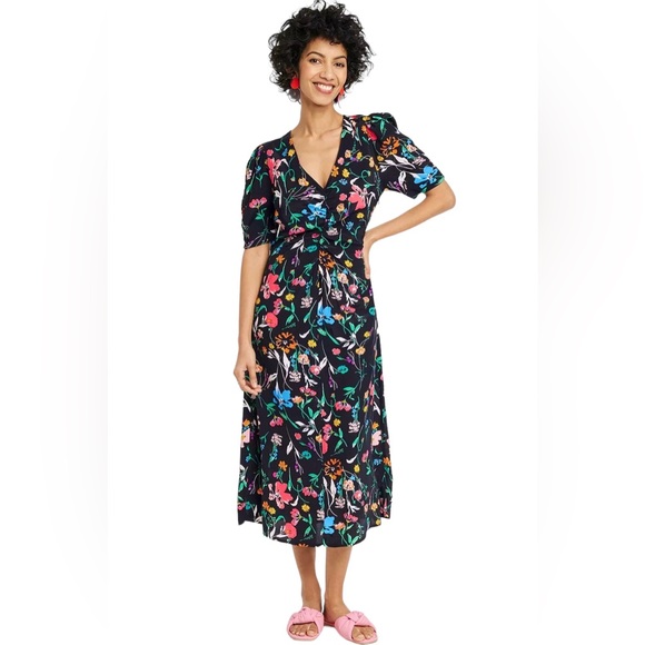a new day Dresses & Skirts - Women's Puff Short Sleeve Ruched A-Line Floral Dress